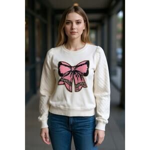 Branded Royalty White Cotton Pullover Sweater Bow Graphic Knit Women's M